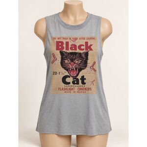 Black Cat Firecracker Graphic Muscle Tank Top Gray Women’s Size M Retro